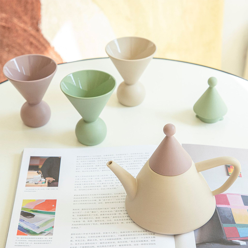 Artisanal Geometric Modern ceramic tea set in matte charcoal finish