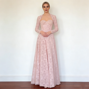 Robes pour femmes, rose clair, col halter, col cœur, manches longues, tissu en dentelle, taille corset, élégante, <span class=keywords><strong>robe</strong></span> de soirée maxi pour femmes - Product Image 2