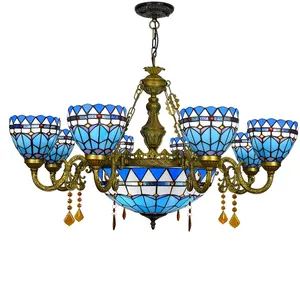 Tiffany-candelabros Retro de cristal, 8 lámparas de sombra de colores, colgantes, lámparas azules de Hotel