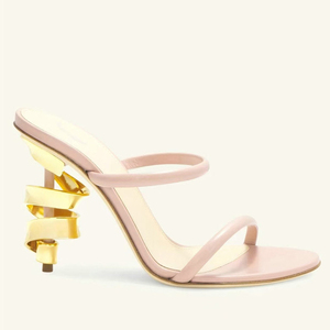 <span class=keywords><strong>Grande</strong></span> <span class=keywords><strong>taille</strong></span> 45 femmes irrégulière métal doré talons hauts <span class=keywords><strong>Mules</strong></span> bout ouvert sans lacet sandales été Double bretelles pompes chaussures - Product Image 5