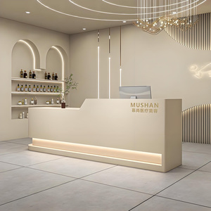 Modern White Glossy Reception Desk Gold Trim LED Light Beauty Salon Clinic Spa Front Counter Office Lobby - Product Image 4