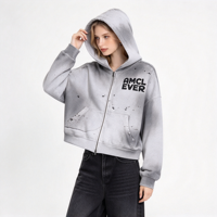 Nouveau produit : Sweat à capuche zippé automne, délavé effet Monkey Wash, dégradé avec peinture éclaboussée, bords bruts usés, double fermeture éclair