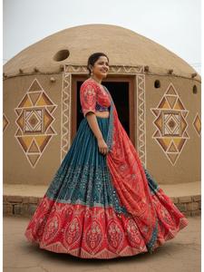 Traditional Heavy Muslin Cotton Digital Printed <b>Lehenga</b> Choli Dupatta Set with Real Mirror Work for <b>Women</b> Festive Celebrations - Product Image 3