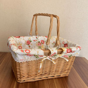 Rattan Woven Storage <b>Basket</b> Rectangle Handmade Linen Lining With Handle For Fruit <b>Egg</b> Picnic Shopping - Product Image 4