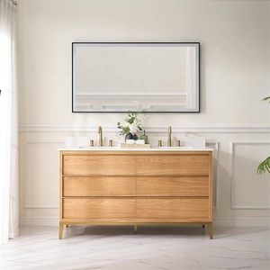 Tocador de baño moderno de madera Lavabo doble independiente Lavabo Tocador de baño en <span class=keywords><strong>roble</strong></span> <span class=keywords><strong>claro</strong></span> con parte superior de tocador de cuarzo blanco - Product Image 2