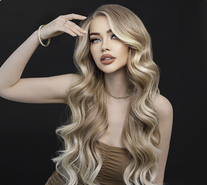 Perruque synthétique longue ondulée de qualité supérieure, résistante à la chaleur, en fibre, ombrée blond platine, avec raie latérale, perruques Lace Front pour femmes - Product Image 2