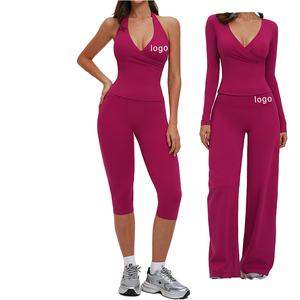 Ensemble de yoga léger et uni pour femme, taille élastique, coupe ample, décontracté, tendance, pour sports de plein air, trois pièces, manches longues 2026 - Product Image 1