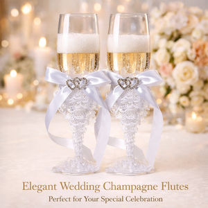 Juego de Copas de Champán <span class=keywords><strong>para</strong></span> Boda, Elegantes Copas con Tallo Estilo Cristal, Lazo de Satén Blanco y Acento de Doble Corazón, Copas <span class=keywords><strong>para</strong></span> Brindis de Novios - Product Image 2