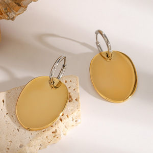 Pendientes Colgantes Ovalados de Acero Inoxidable, Diseño Geométrico en Bloques de Color Dorado y Plateado, Unisex, para Uso Diario - Product Image 2