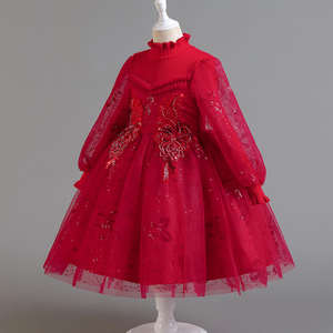 秋季圣诞公主女孩连衣裙长袖薄纱婚礼伴娘儿童派对礼服女孩花朵生日舞会礼服 - Product Image 5