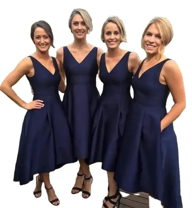 Simple A-Line Summer V Neck Navy Blue Cheap Bridesmaid Short Dress Made In China