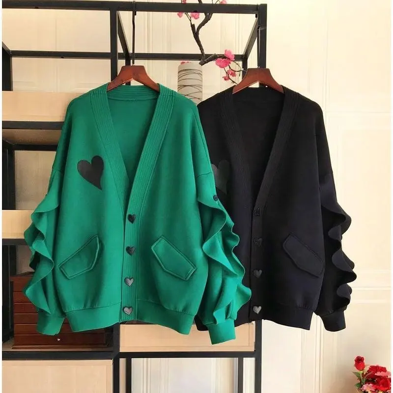 Large Size 4XL 150kg Autumn Jacket Women Hearted Coat Long Sleeve Button Jacket Coat Black Green Color Ladies Tops