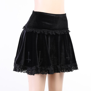 Goth Mall Gothic Aesthetic Velvet Pleated Mini Skirts Women Vintage Harajuku <strong>Emo</strong> Alt <strong>Clothes</strong> High Waist Lace Ruffles Skirt - Product Image 3