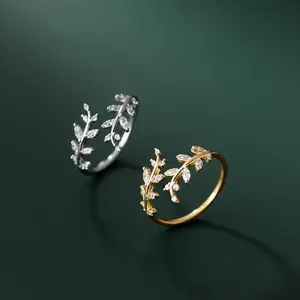 korea fashion jewelry 925 sterling silver adjustable rings gold plated leaf zircon rings jewelry women