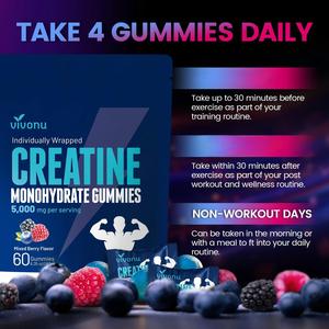VivoNu Creatina Monohidrato en Gomitas para Desarrollo Muscular, Entrenamiento de Fuerza, Rendimiento Diario en el Gimnasio, Extracto de Plantas, 60 Cápsulas - Product Image 3