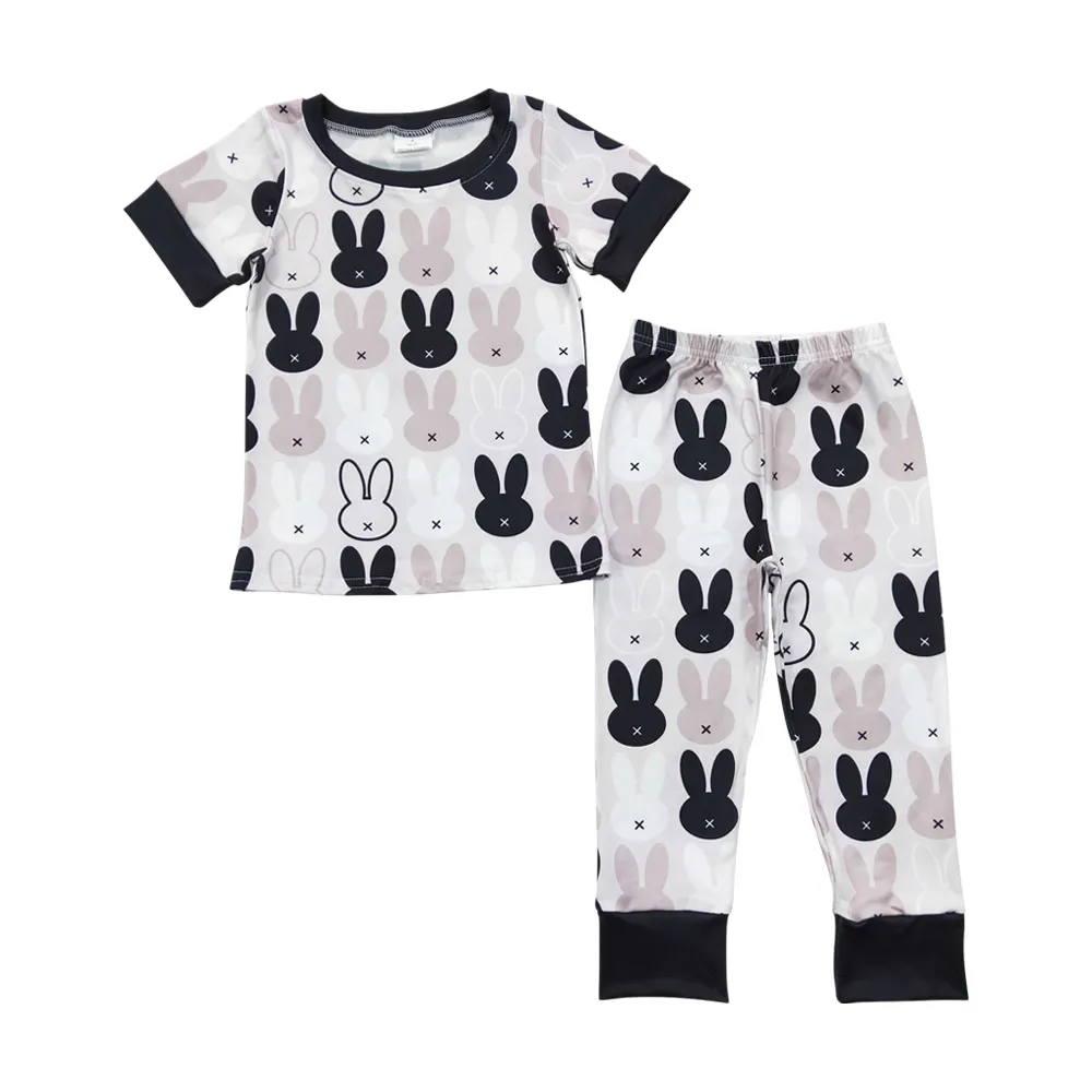 BSPO0317 Conjunto de roupas de algodão para meninos de 7 a 14 anos com padrão de coelho preto e branco