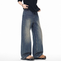 Jean décontracté coupe droite ample unisexe American Washed Distressed Bamboo-striped Cat Tail Cleanfit