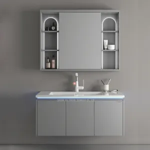 Meuble sous-vasque moderne et étanche gris pour salle de bain, rangement flottant, miroir design, lavabo, montage mural