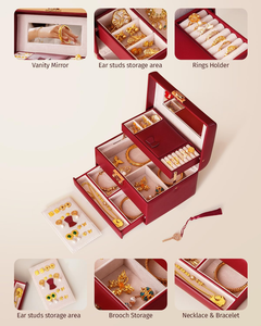 Red Jewelry <b>Box</b> with Makeup <b>Mirror</b>, Luxury Drawer, Large-Capacity Storage <b>Box</b> for Accessories - Product Image 4