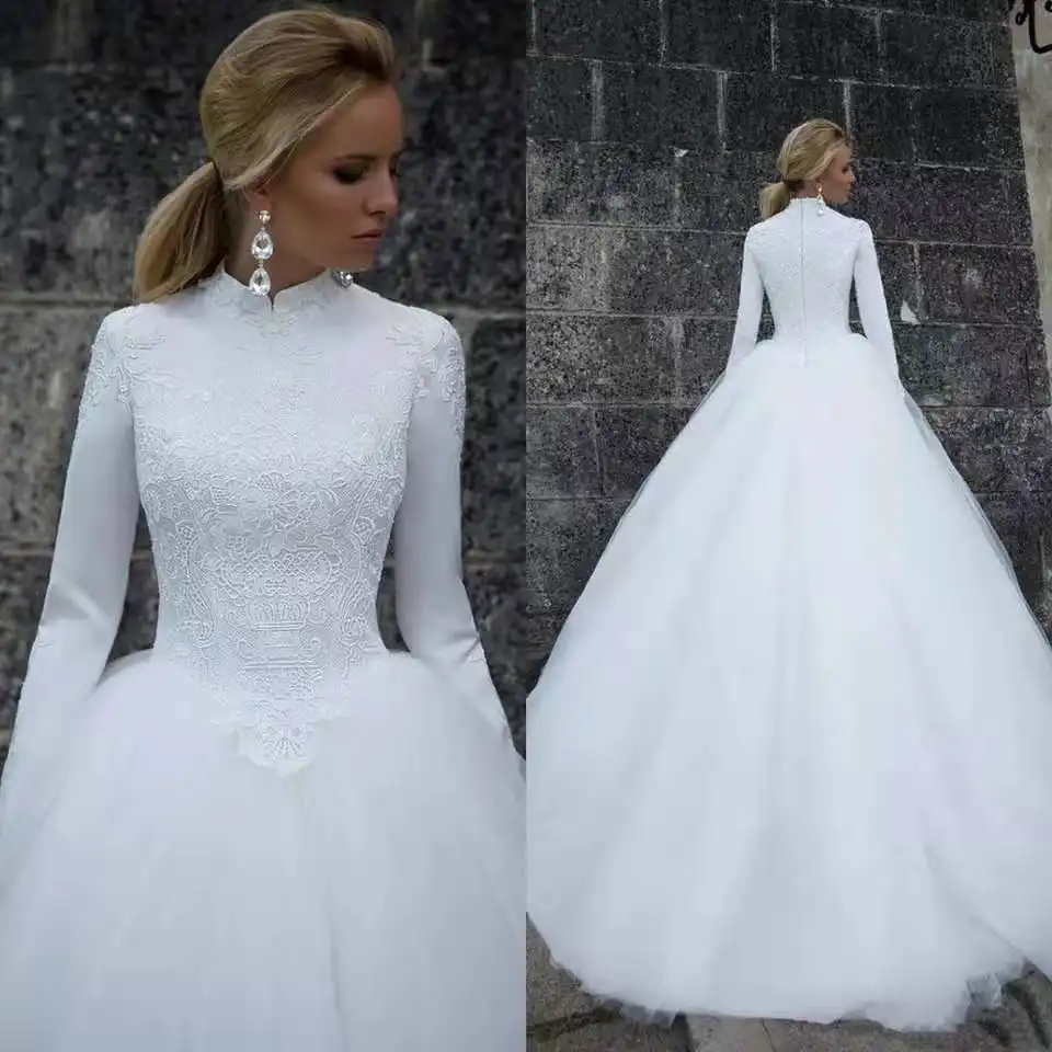 Dubai musulmán blanco vestido de novia musulmán 2023 vestido de novia para novia manga larga hasta el suelo de talla grande señora vestido de novia