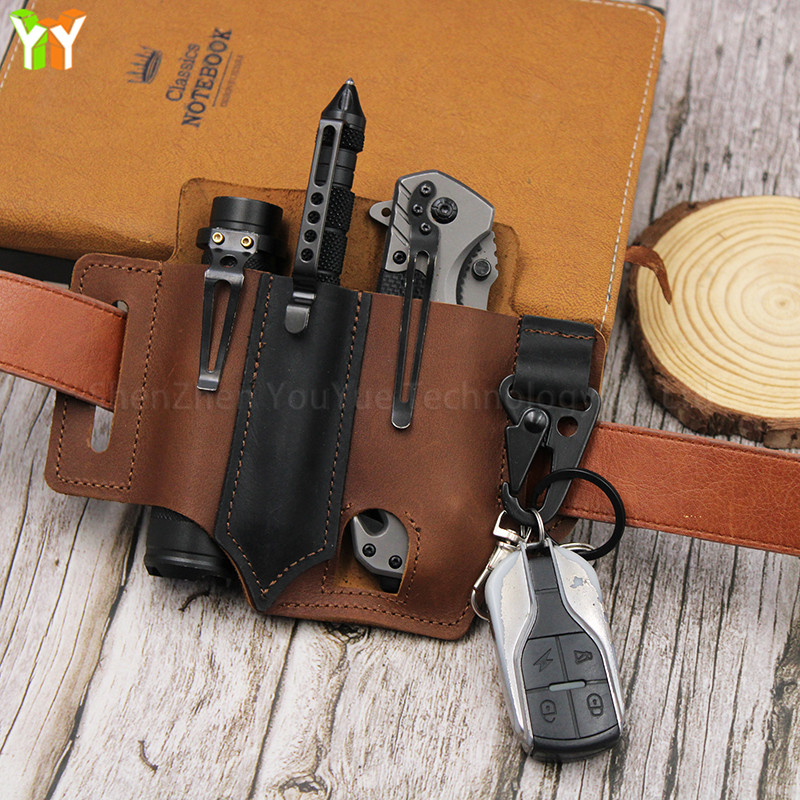 Stocked EDC Leather Sheath Cover Belt Sheath Pocket Organizer Flashlight Tools with Eagle Hook for Leatherman