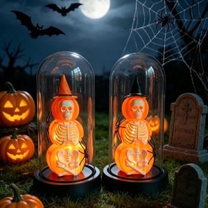Halloween Decoration Warm Glow Halloween Light Halloween Skeleton Dome Cloche <b>Battery</b> <b>Operated</b> Lamp with Witch Hat Spooky - Product Image 3