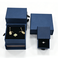 Boîte à bijoux de luxe écologique de style tiroir en cuir PU bleu marine avec logo personnalisé pour les marques de détail, design élégant, classique et vintage