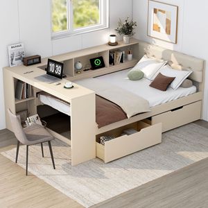 Combined Bed And Desk With Bookshelf <b>Storage</b> <b>Drawers</b> Camel Color Bedroom Set For Children Adults Elderly - Product Image 1