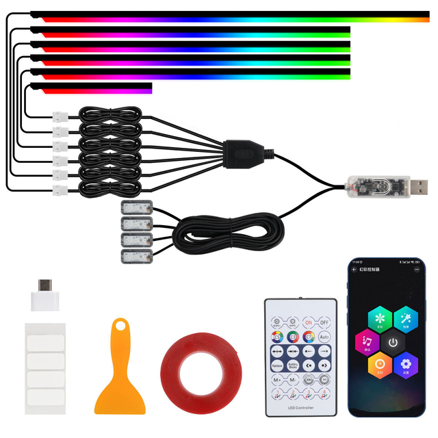 New Car Interior Hidden Acrylic Strip Ambient Light Magic Color RGB Color Universal LED 18 in 1 Decorative Atmosphere Lamp USB