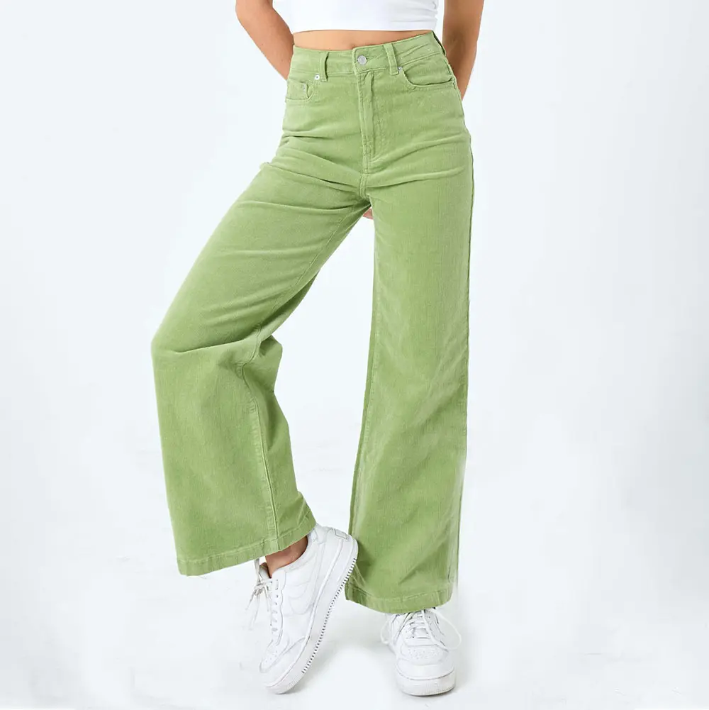 Toptan yeşil katı rahat yüksek bel kadın pantolon düz organik kadife geniş bacak pantolon kadın