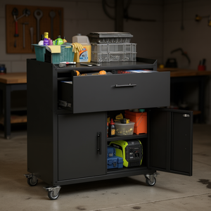 Armoire de rangement de garage à 2 portes et 1 tiroir, verrouillable, en métal, avec roulettes, style industriel, H35.4 L30.3 P18 - Product Image 2