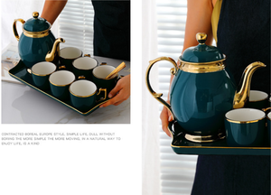 Best Luxury British Green Color Gilding Kitchen Accessories Porcelain Tea Cups <b>Set</b> With Tray - Product Image 6