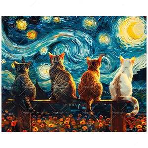 Kit de peinture d'animaux par numéros pour adultes-DIY Chats assis dans une rangée <span class=keywords><strong>sous</strong></span> le <span class=keywords><strong>ciel</strong></span> étoilé 16x20 pouces, Cadeaux d'art sans cadre - Product Image 1