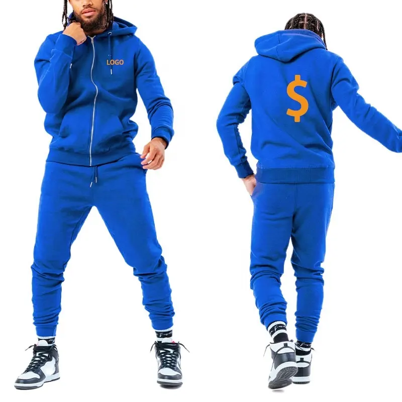 OEM Custom Blank Cotton Zip Up Slim Fit Hoodie and Jogger Set Sports Running Track Tracksuit Sweatsuit Jogging Suit for Men
