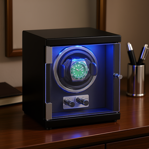 Single Watch Winder Japanese Mabuchi Motor Black PU <b>Shell</b> Blue LED <b>Light</b> Men's Mechanical Watches - Product Image 2