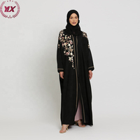 Nouvelle Robe Musulmane pour Femmes de Dubaï, Robe Turque Été 2023, Abaya Ouverte Brodée Florale Noire Modeste, Vêtement Islamique en Polyester