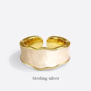 New Design Female Korea Irregular Wave Chunky Enamel Glaze Finger Ring S925 Silver Plated Flash Pearlescent Colorful Enamel Ring