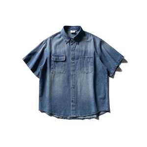 Camicia in Denim Lavato e Invecchiato da Uomo, Traspirante, Vestibilità Ampia, Multi-tasche, Stile Streetwear e Workwear, Casual Estivo, Nuova Tendenza Moda - Product Image 1