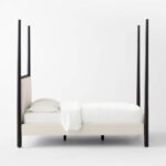 Luxury 4 Poster <b>Black</b> Wooden Queen <b>Bed</b> Frame with Ivory Upholstered Headboard Modern Canopy <b>Bed</b> for Bedroom Furniture Supplier - Product Image 3