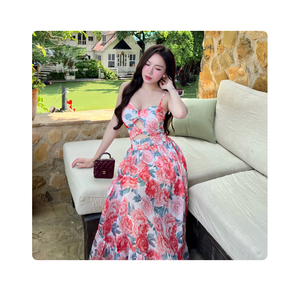 Vestido Maxi de Gasa con Estampado Floral Acuarela para Mujer, Cuello Corazón, Espalda Descubierta, Tirantes Finos, Casual y Elegante, Venta al por Mayor ODM, Colección Otoño - Product Image 1