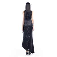 Robe de soirée noire élégante et sexy à col rond, moulante, longueur thé, en satin froncé, style Fatale, pour femme vietnamienne