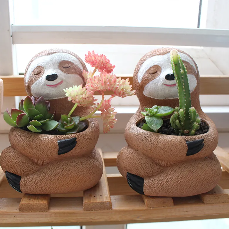 Sloth Flower Pots Succulent Planter Indoor Outdoor Resin Plant Cactus Pot Container with Drainage Hole Desktop Home Office