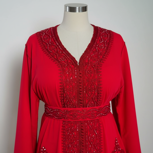 Hot Selling Custom Morocco Caftan for Adults Red <b>Silk</b> Hand Embellished Bead Pearls Crystal <b>Silk</b> Thread Casual for Arab Women - Product Image 1