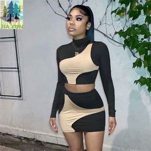<span class=keywords><strong>Abbigliamento</strong></span> da donna 2021 moda stile elegante stile Patchwork contrasto colore 2 pezzo manica lunga top Set gonne corte - Product Image 1