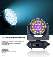 Projecteur à tête mobile 19x15W Dual-Aux 19x5050 4-en-1 + 114x5050 3-en-1 + 37x5050 LED RGB Pixel, boîtier métallique noir, fonctions Moving+Wash+Zoom