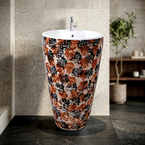 Lavabo sur pied en céramique couleur café de première qualité, petit lavabo rond avec support, design floral de luxe - Product Image 1