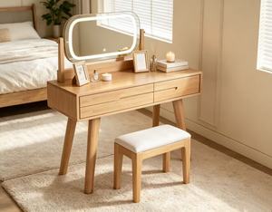 Premium Solid Oak Dressing Table Set Adjustable LED <b>Light</b> <b>Mirror</b> Double Drawer Bedroom Makeup <b>Vanity</b> With Stool - Product Image 3