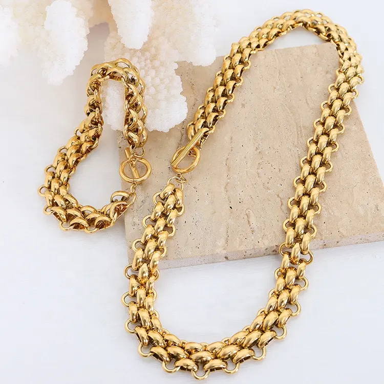 Exaggerated Personalized Thick Chain Gold Necklace Bracelet Stainless Steel Non Tannish Fashion Hip Hop Jewelry Set Women
