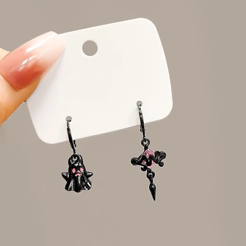 Black Little Ghost Pink Rhinestone Cross Pendant Asymmetrical Drop Earrings Women Sweet Cool Style Party Accessories