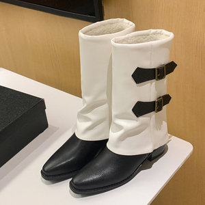 Women Bow Buckles Mid Calf Mixed Colors Booties Pointy Toe Medium Square Heels Short <b>Boots</b> Overlay Patchwork Shoes - Product Image 4